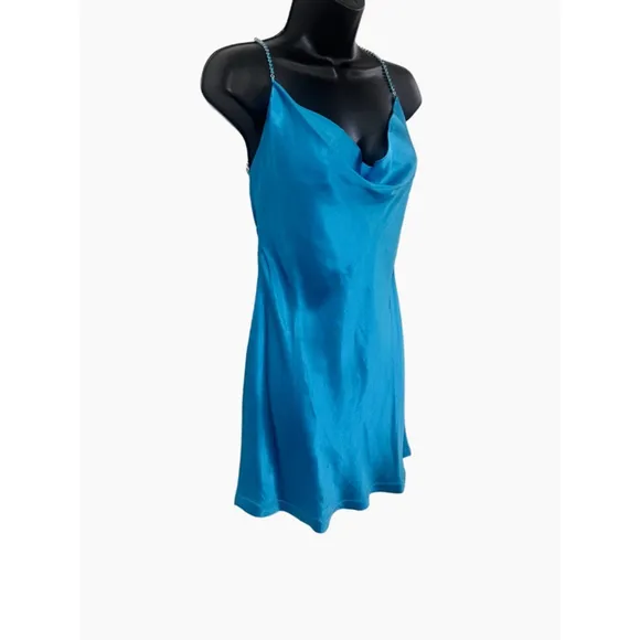 Meshki Dress Satin Cyan Blue “Sofie” Mini Rhinestone Strap Size Large NWT