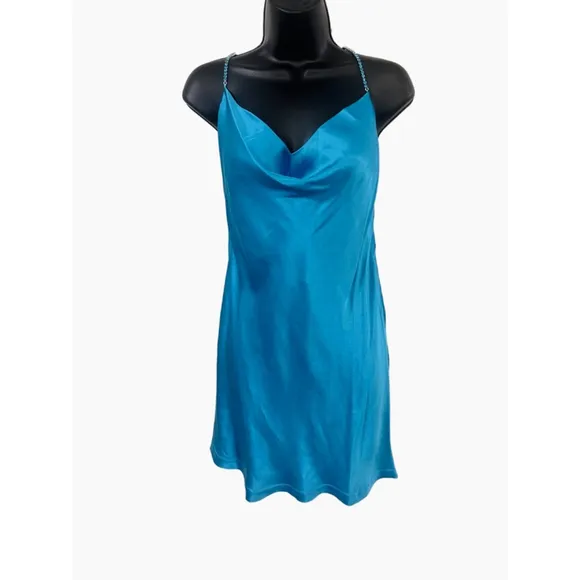 Meshki Dress Satin Cyan Blue “Sofie” Mini Rhinestone Strap Size Large NWT