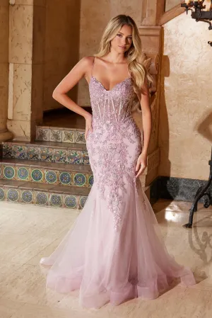 N Q1541 - Embroidered Sequin Mermaid Prom Gown with Sheer Boned Bodice & Open Lace Up Back