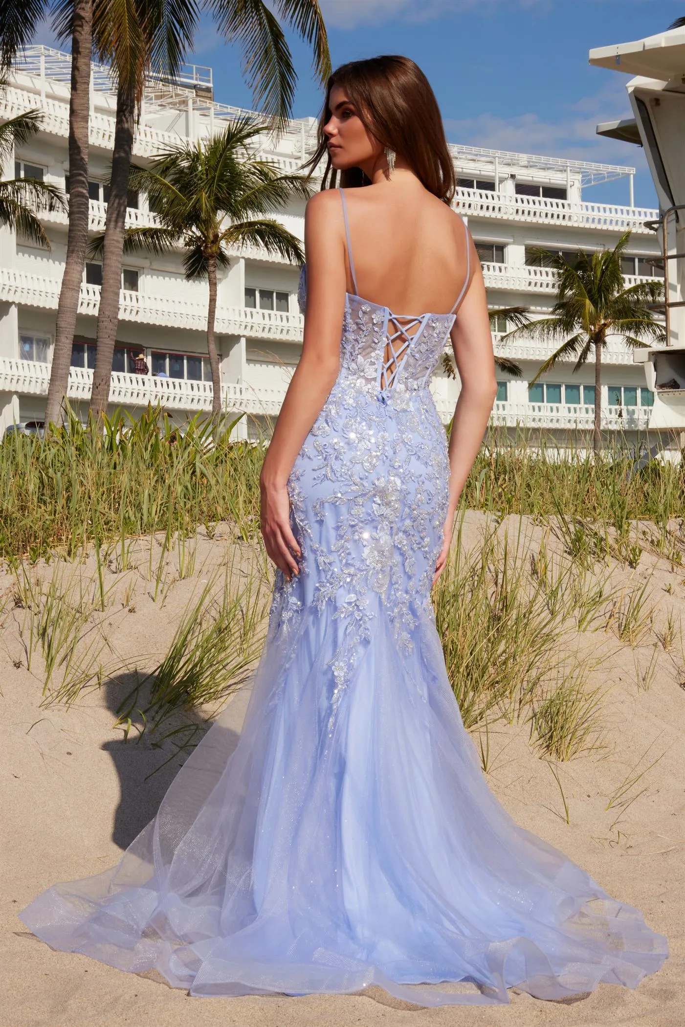 N Q1541 - Embroidered Sequin Mermaid Prom Gown with Sheer Boned Bodice & Open Lace Up Back