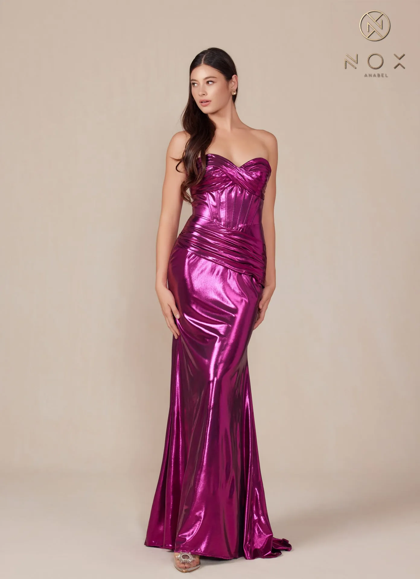 N T1499 - Strapless Stretch Metallic Fit & Flare Prom Gown with Boned Bodice & Lace-Up Back
