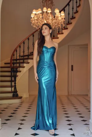 N T1499 - Strapless Stretch Metallic Fit & Flare Prom Gown with Boned Bodice & Lace-Up Back