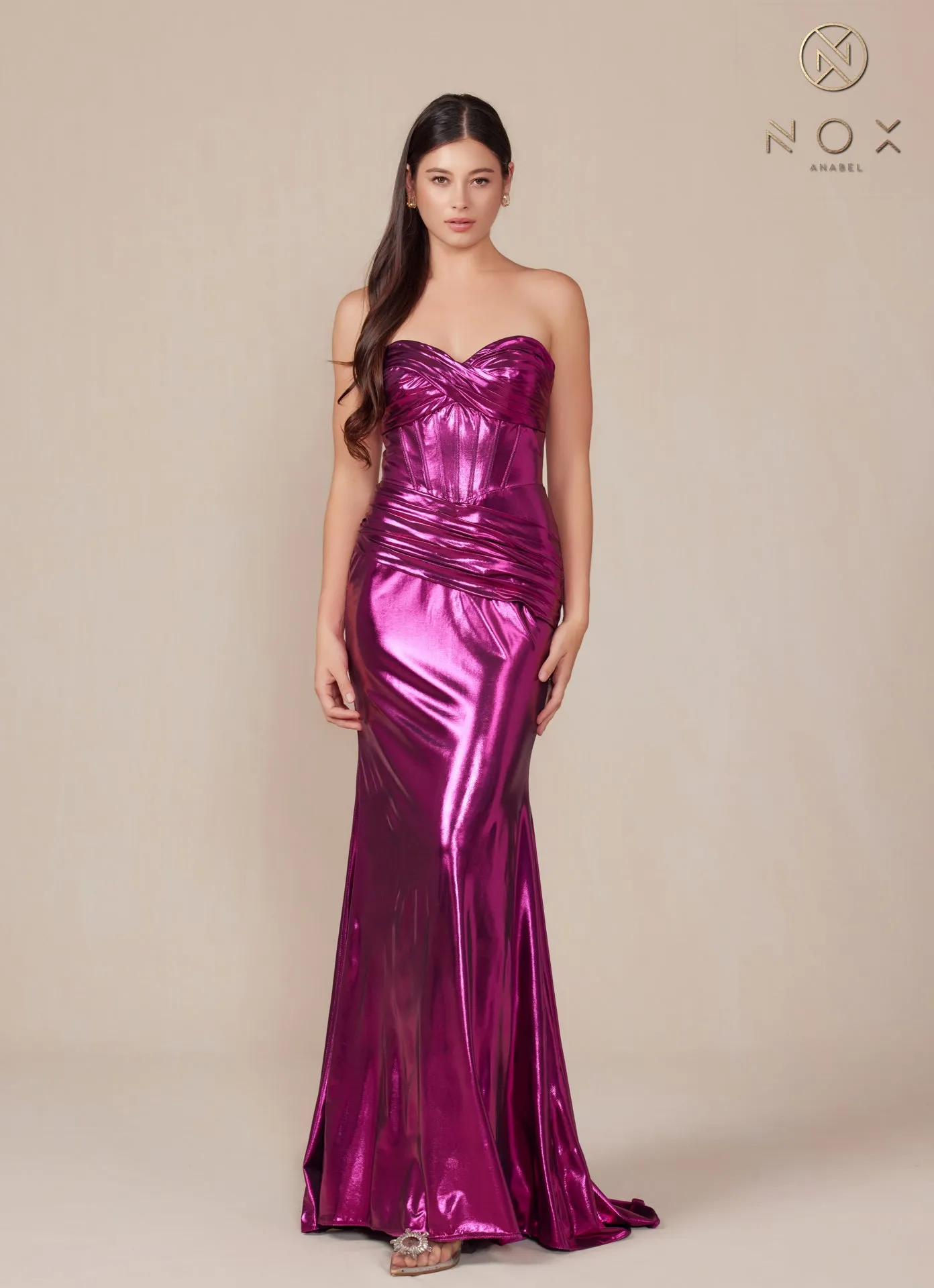 N T1499 - Strapless Stretch Metallic Fit & Flare Prom Gown with Boned Bodice & Lace-Up Back
