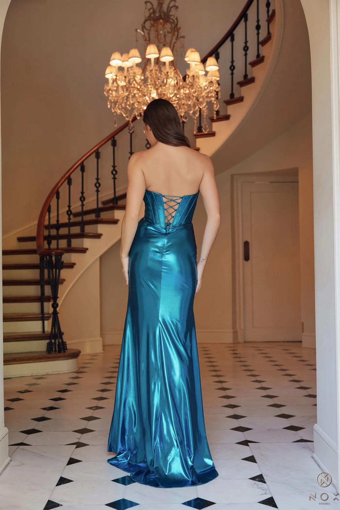 N T1499 - Strapless Stretch Metallic Fit & Flare Prom Gown with Boned Bodice & Lace-Up Back