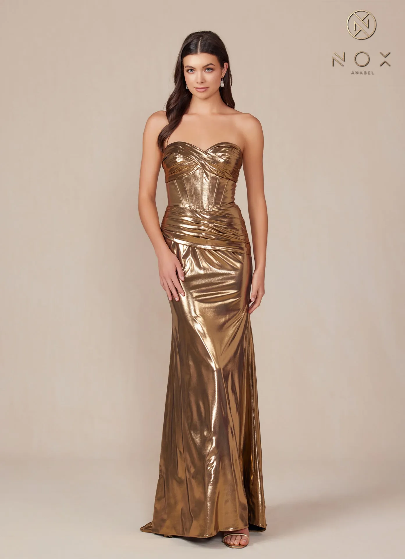 N T1499 - Strapless Stretch Metallic Fit & Flare Prom Gown with Boned Bodice & Lace-Up Back