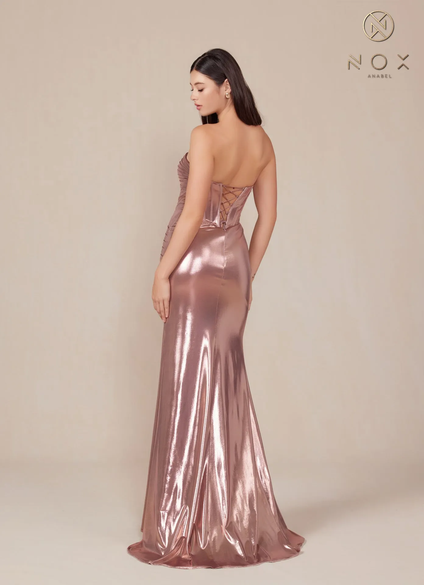 N T1499 - Strapless Stretch Metallic Fit & Flare Prom Gown with Boned Bodice & Lace-Up Back