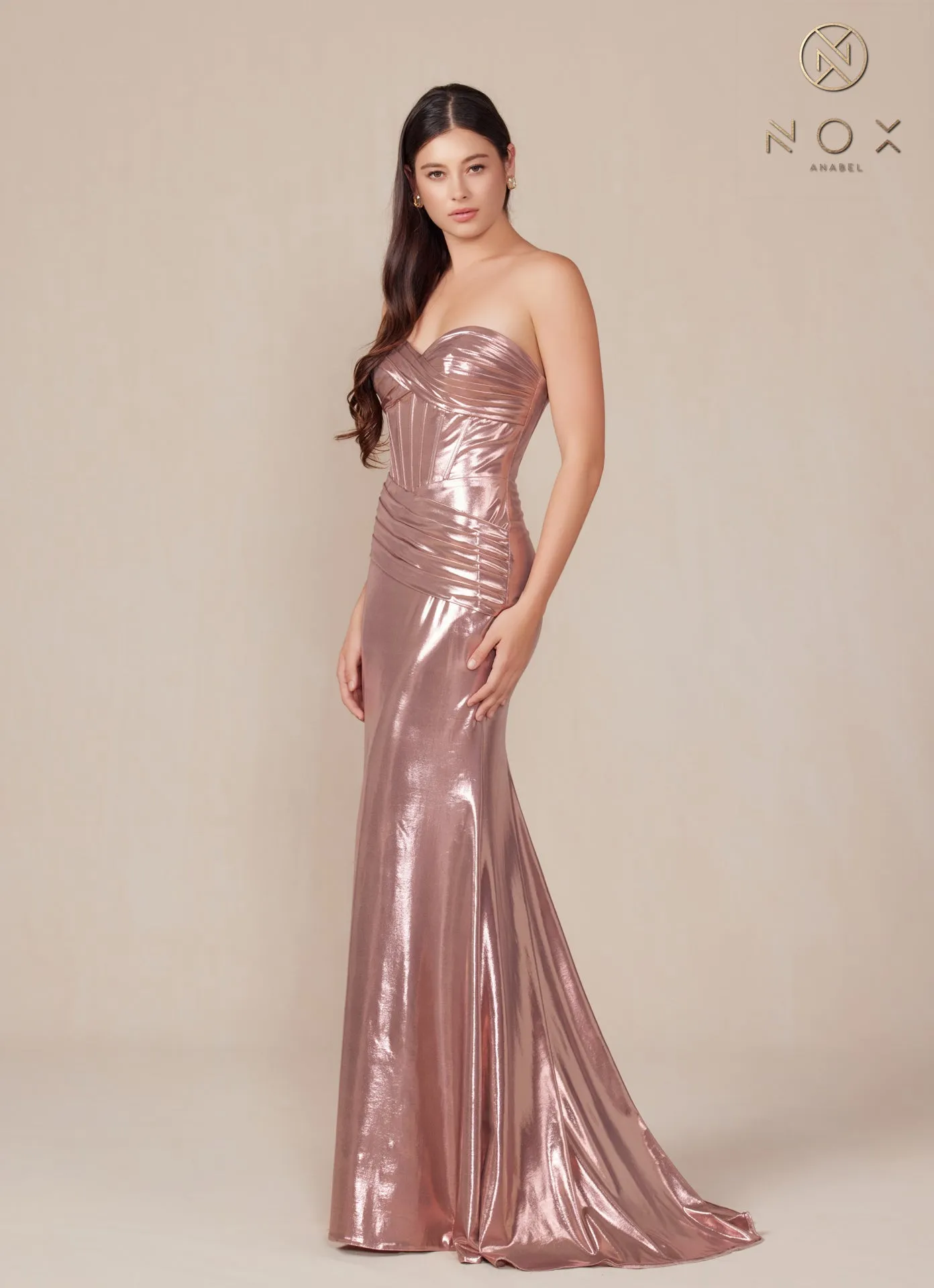N T1499 - Strapless Stretch Metallic Fit & Flare Prom Gown with Boned Bodice & Lace-Up Back