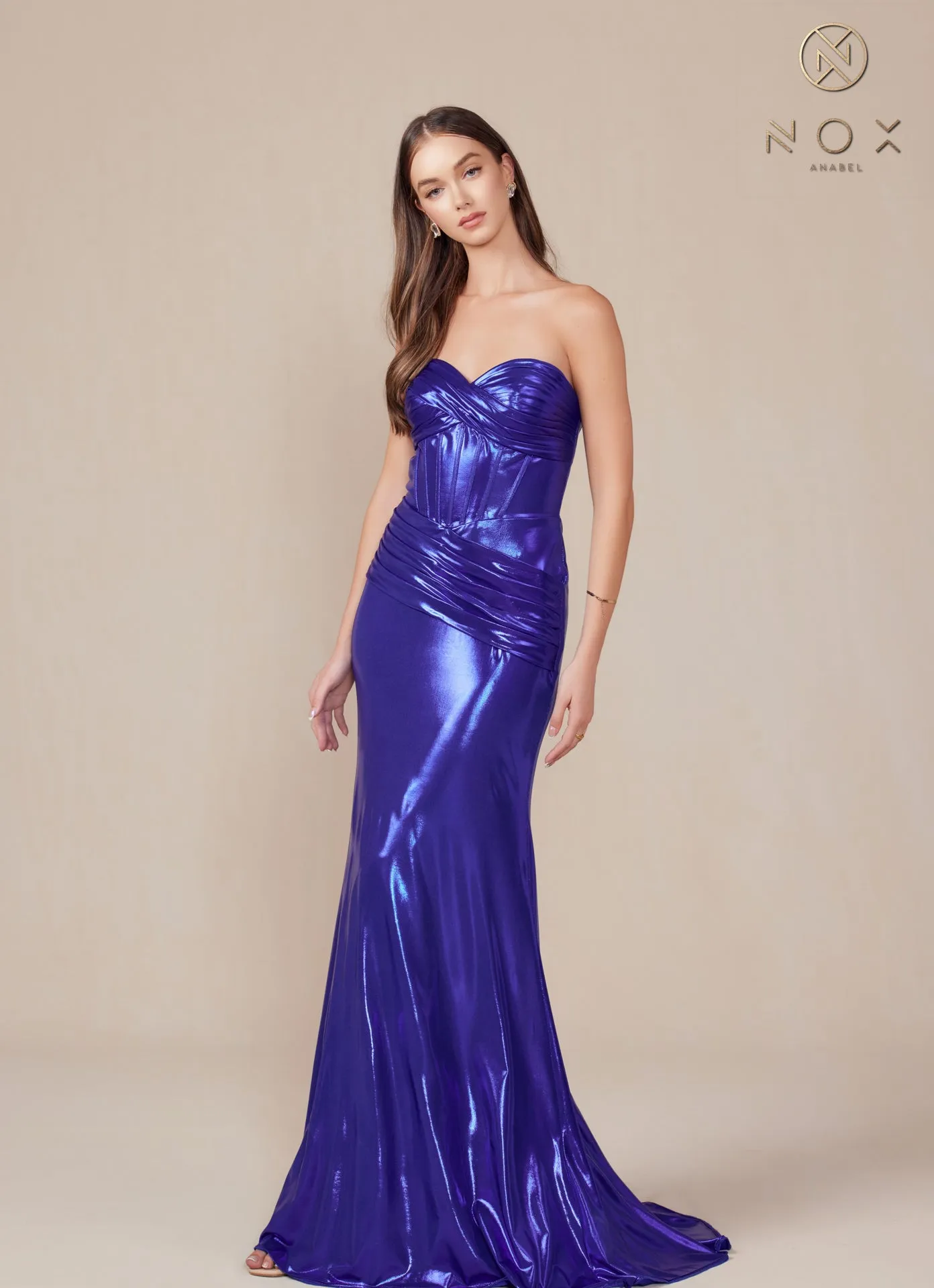 N T1499 - Strapless Stretch Metallic Fit & Flare Prom Gown with Boned Bodice & Lace-Up Back