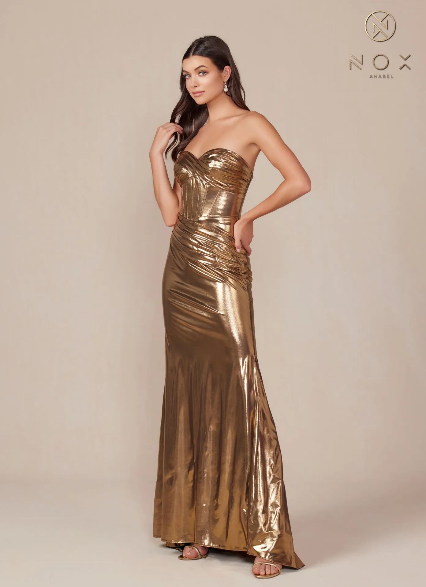 N T1499 - Strapless Stretch Metallic Fit & Flare Prom Gown with Boned Bodice & Lace-Up Back
