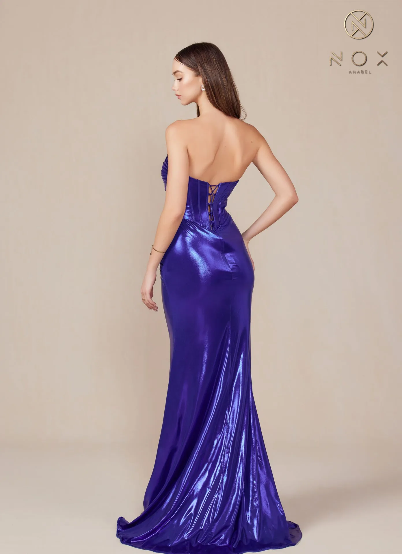 N T1499 - Strapless Stretch Metallic Fit & Flare Prom Gown with Boned Bodice & Lace-Up Back