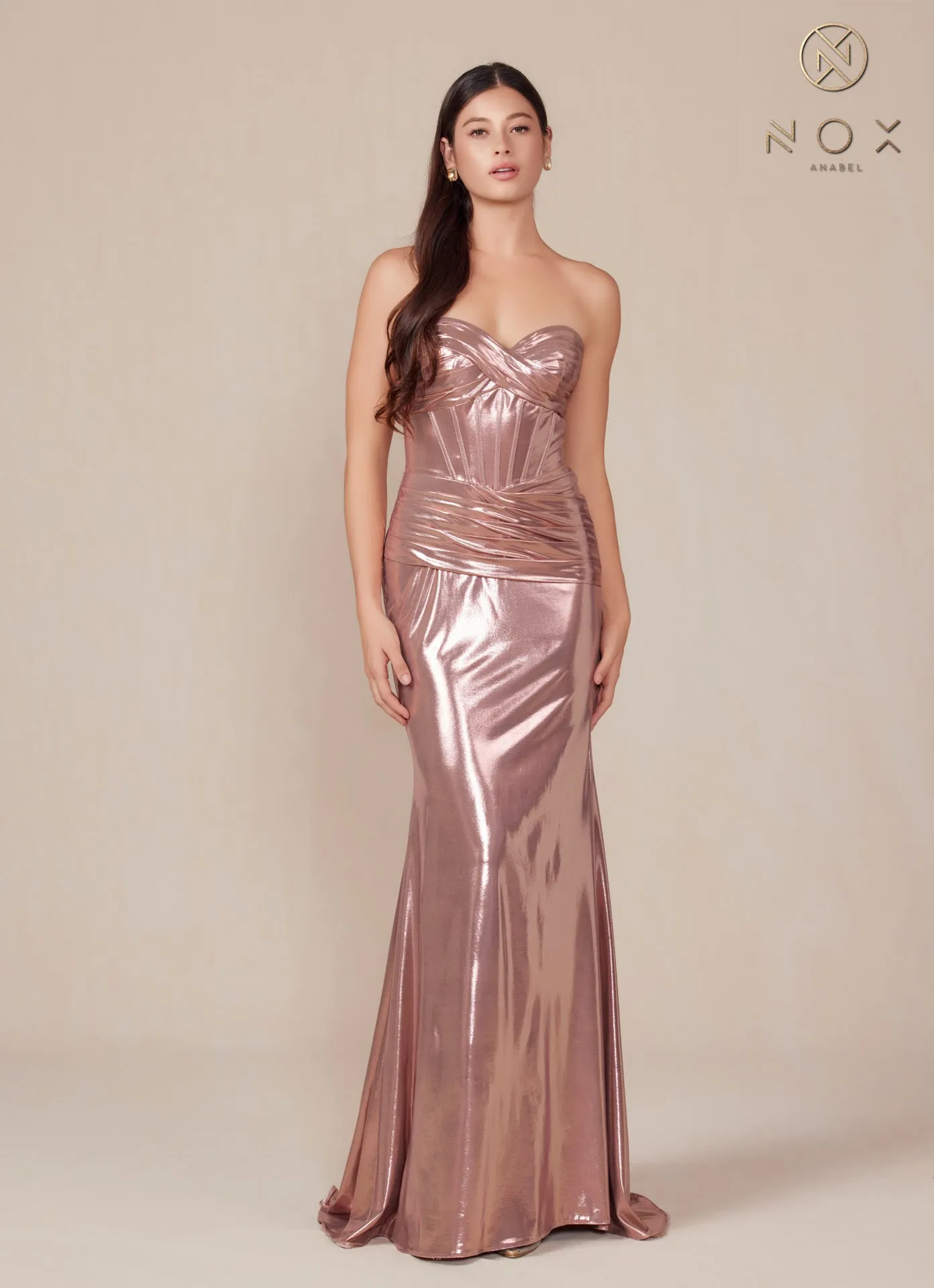 N T1499 - Strapless Stretch Metallic Fit & Flare Prom Gown with Boned Bodice & Lace-Up Back