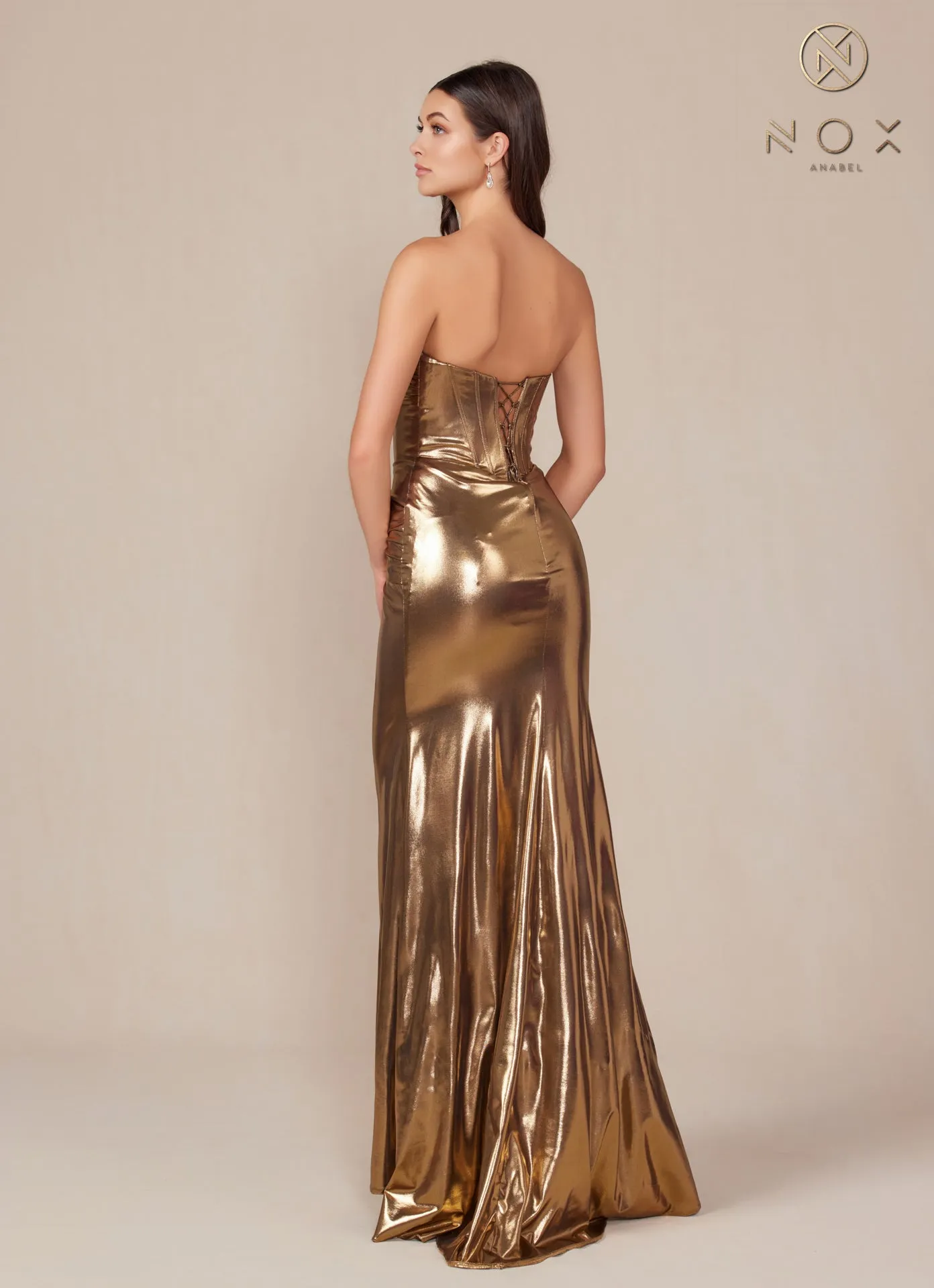 N T1499 - Strapless Stretch Metallic Fit & Flare Prom Gown with Boned Bodice & Lace-Up Back