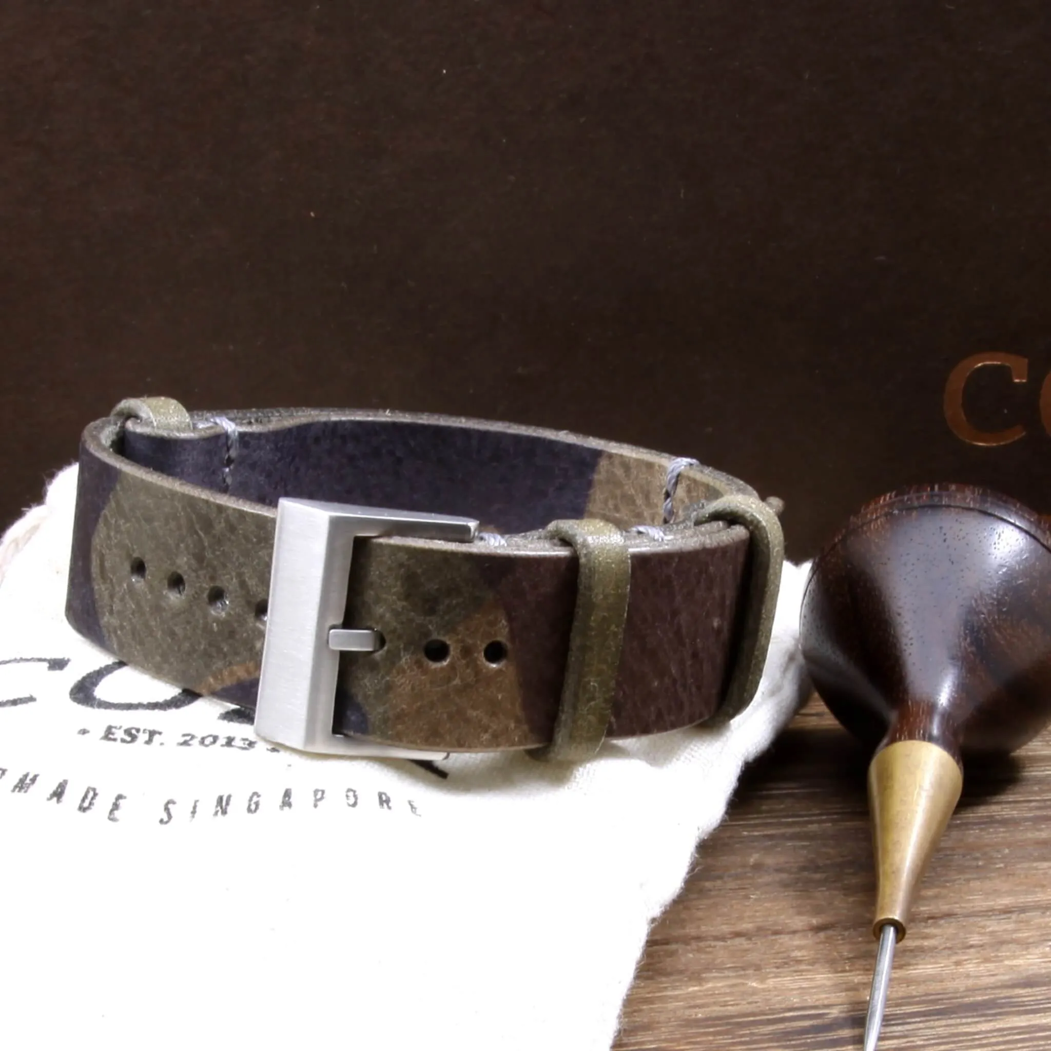 NAT2 Leather Watch Strap, Camo Grigio