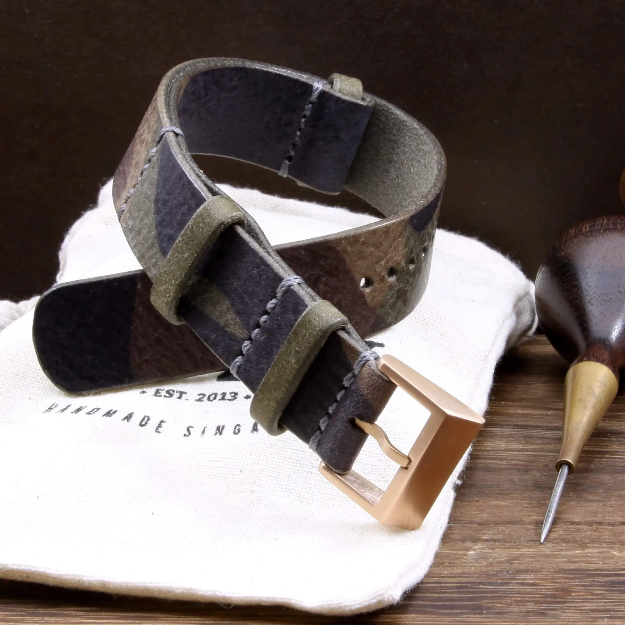 NAT2 Leather Watch Strap, Camo Grigio
