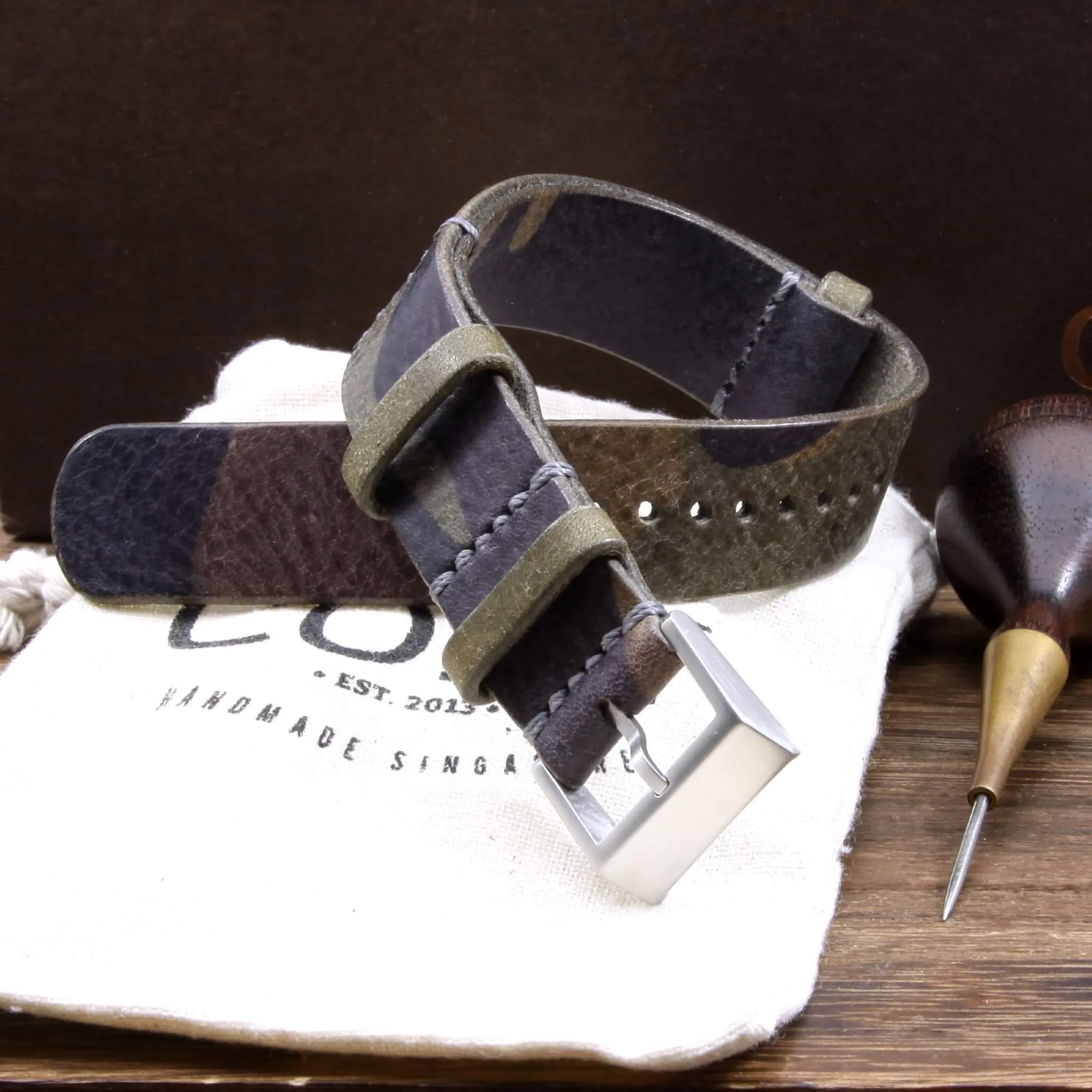 NAT2 Leather Watch Strap, Camo Grigio