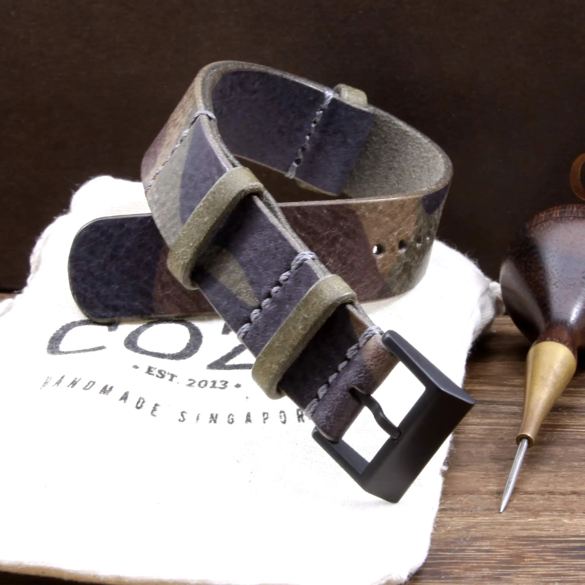 NAT2 Leather Watch Strap, Camo Grigio