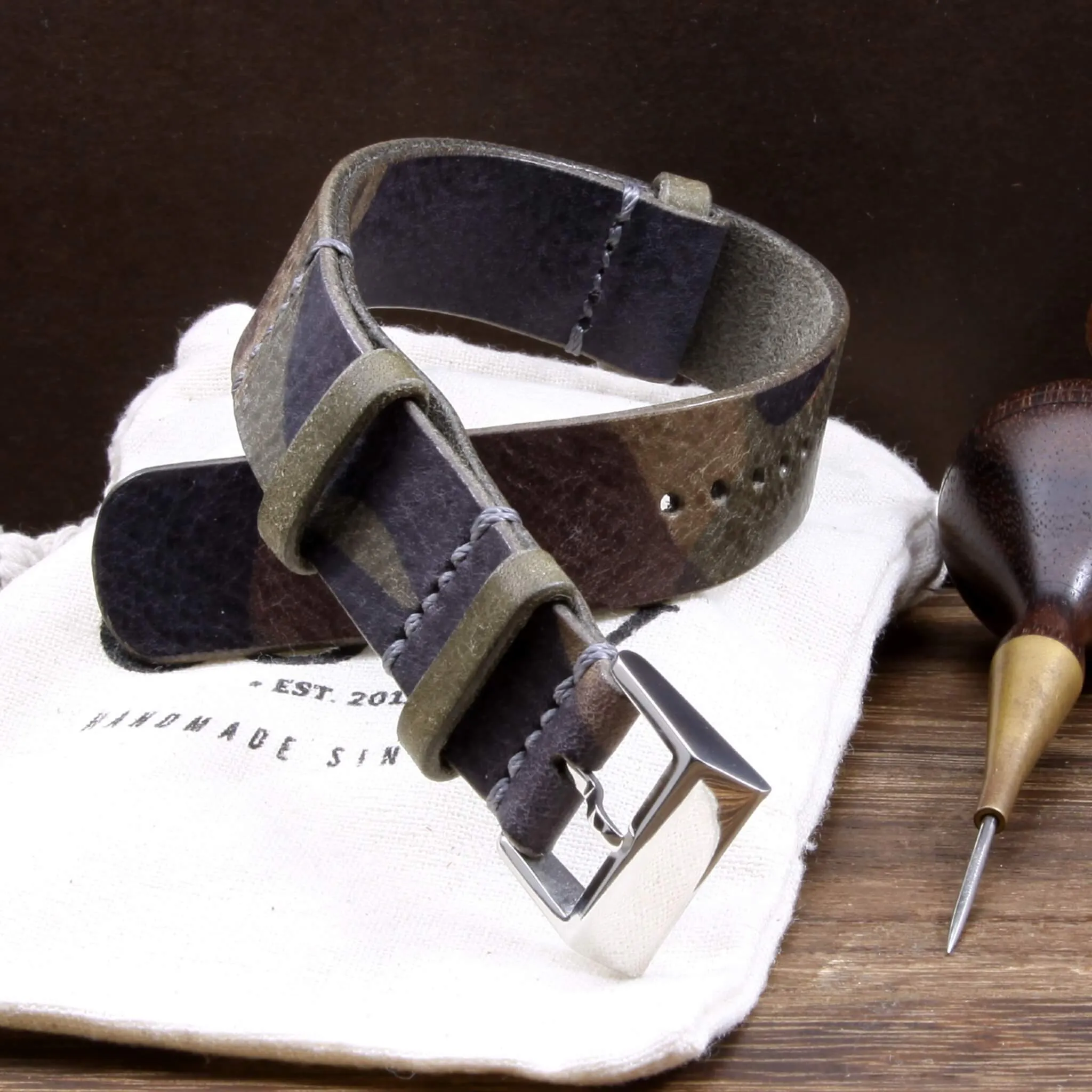 NAT2 Leather Watch Strap, Camo Grigio