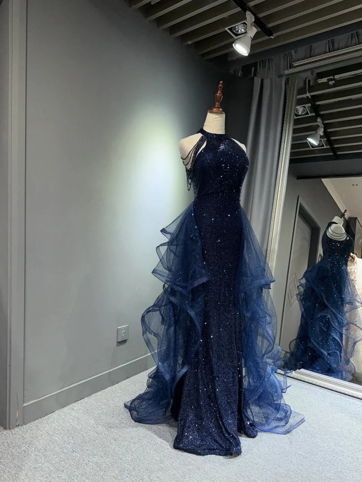 Navy Blue Halter Sequins with Tulle Party Dress, Navy Blue Prom Dress