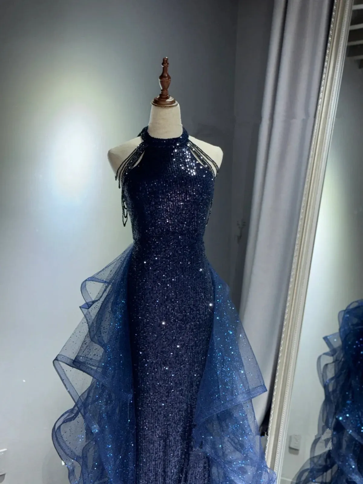 Navy Blue Halter Sequins with Tulle Party Dress, Navy Blue Prom Dress