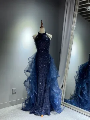 Navy Blue Halter Sequins with Tulle Party Dress, Navy Blue Prom Dress