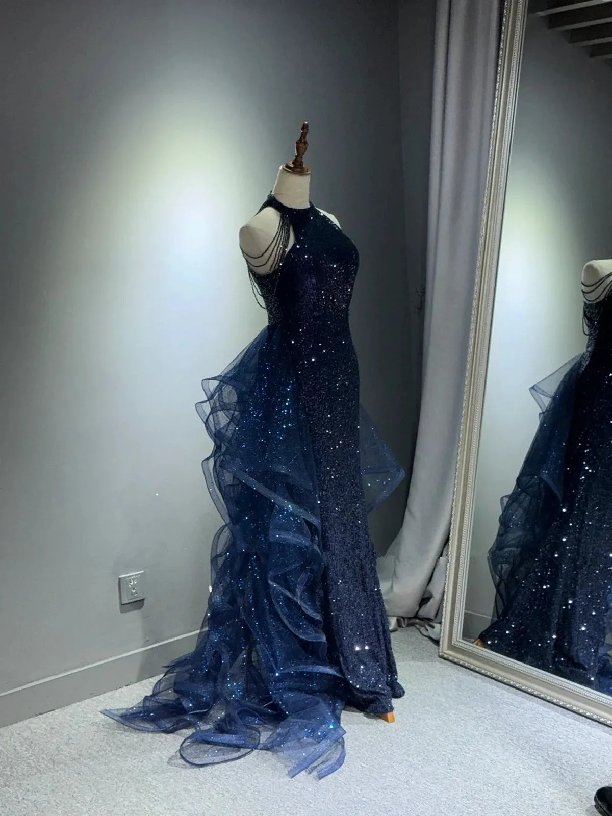 Navy Blue Halter Sequins with Tulle Party Dress, Navy Blue Prom Dress