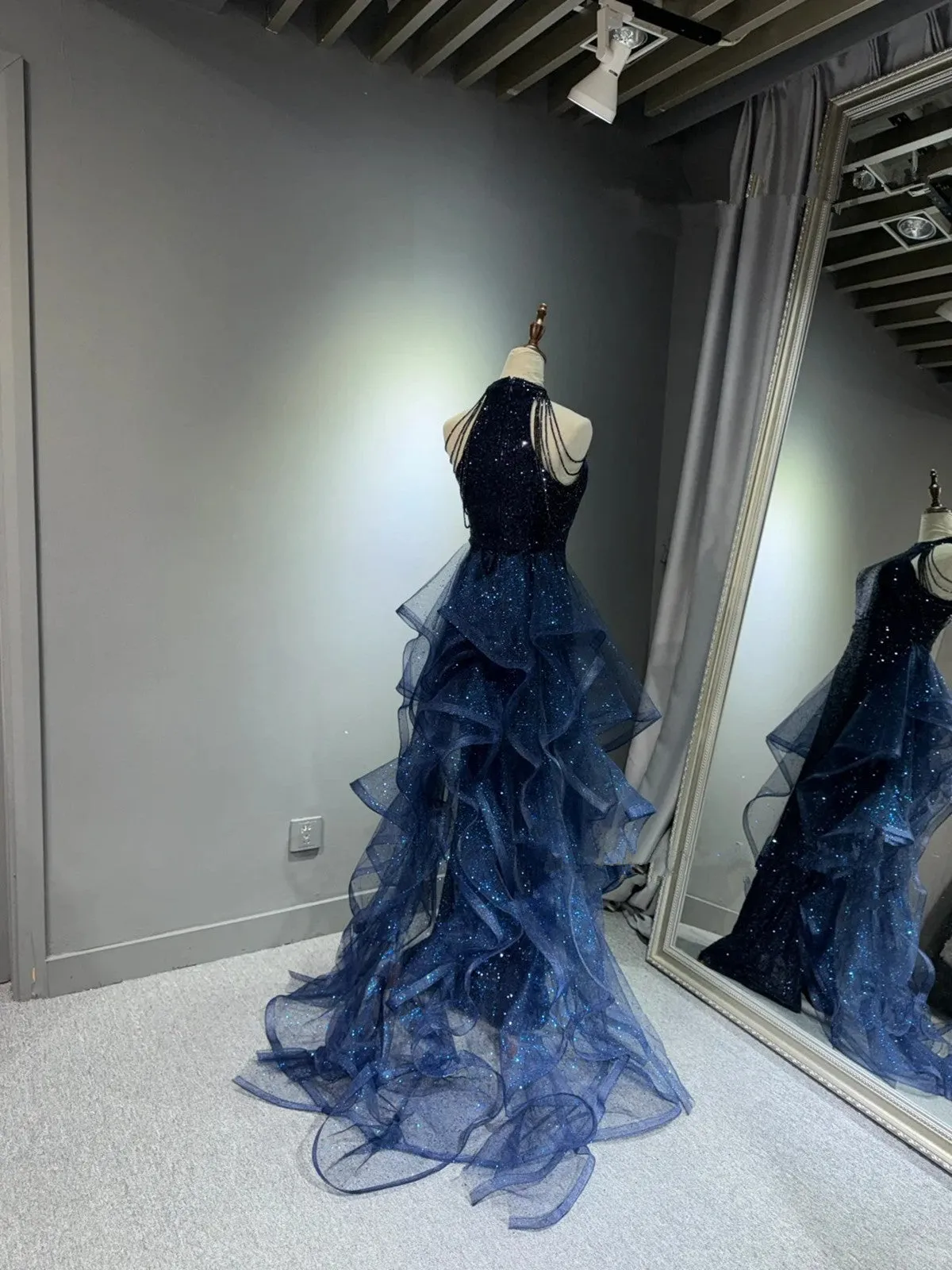 Navy Blue Halter Sequins with Tulle Party Dress, Navy Blue Prom Dress