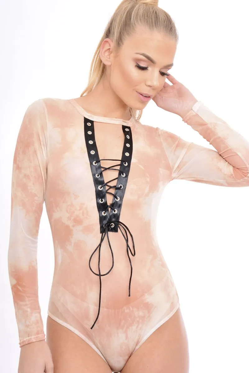 Nude Tie Dye Mesh Lace Up Bodysuit - Luella