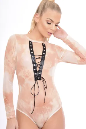 Nude Tie Dye Mesh Lace Up Bodysuit - Luella