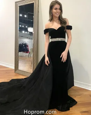 Off Shoulder Bead Waist Black Prom Dresses Evening Dresses