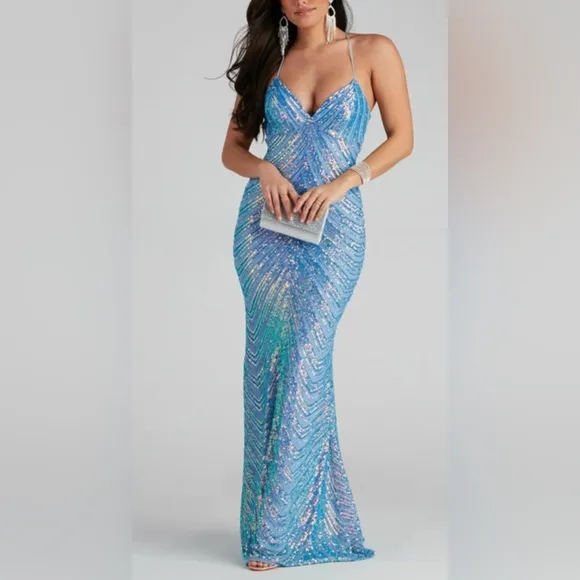 Petra Formal Blue Iridescent Sequin Dress Sz XS