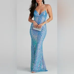 Petra Formal Blue Iridescent Sequin Dress Sz XS