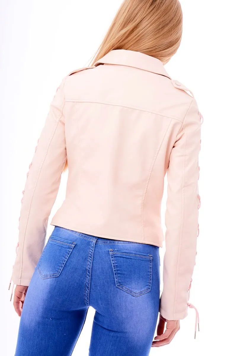 Pink Faux Leather Lace Up Biker Jacket - Maisy