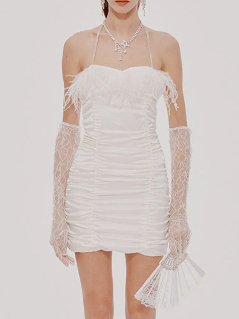 Pink Spaghetti Strap Feather Satin Pleated Sexy Gown Party Dress With Gloves