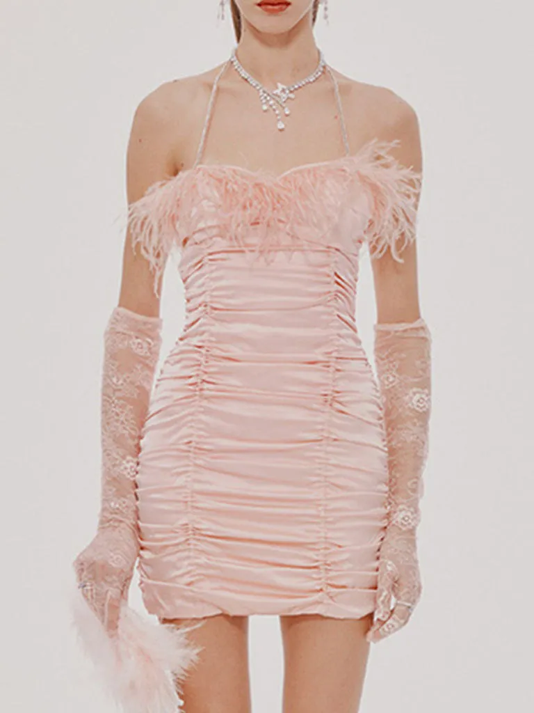 Pink Spaghetti Strap Feather Satin Pleated Sexy Gown Party Dress With Gloves