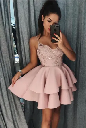 Pink Spaghetti Straps V-neck Stain Tiered Homecoming Dresses with  Sequin