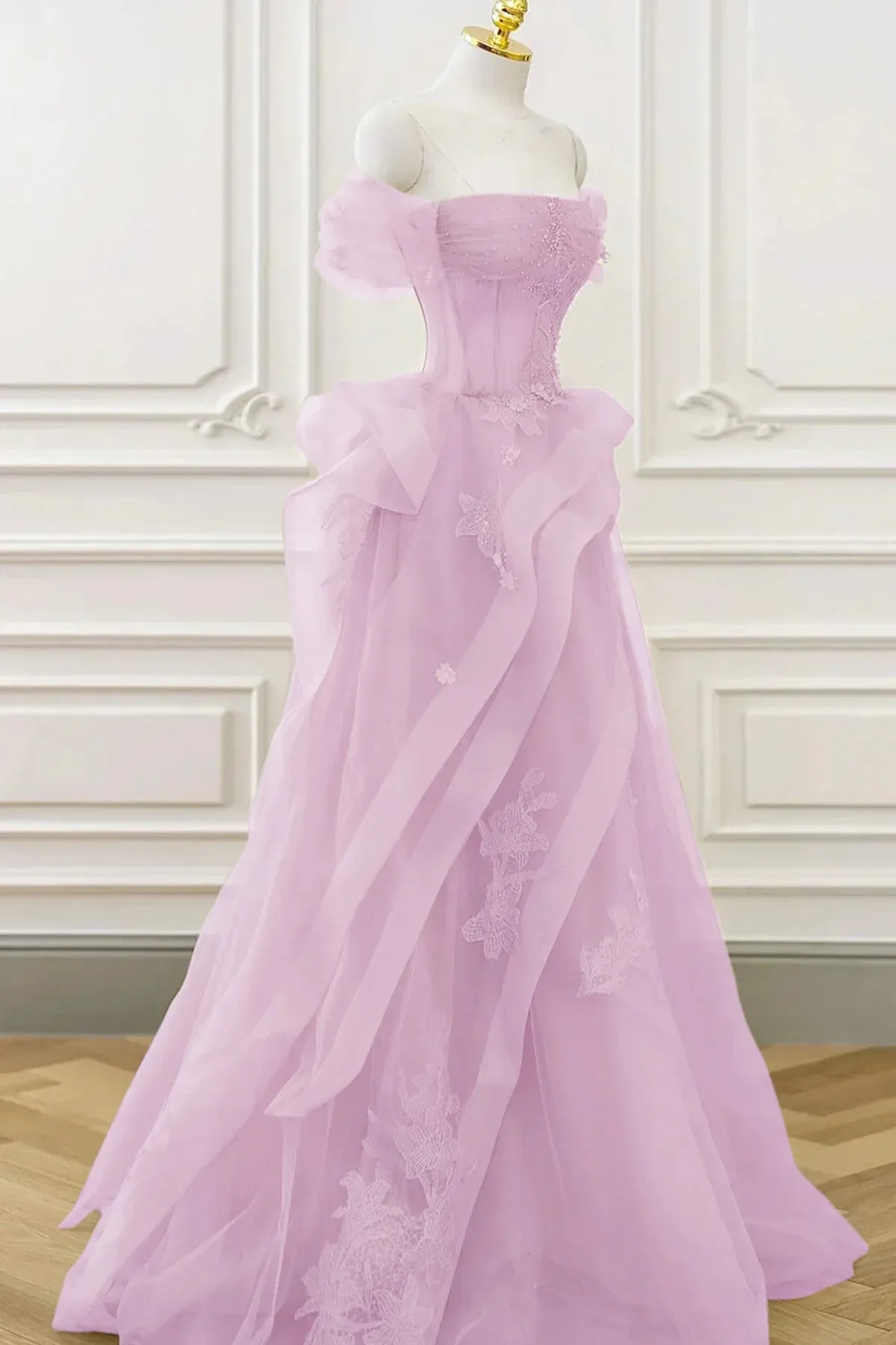 Pink Tulle Off Shoulder with Lace Long Party Dress, Pink Tulle Prom Dress