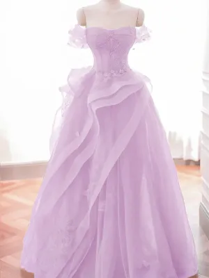 Pink Tulle Off Shoulder with Lace Long Party Dress, Pink Tulle Prom Dress
