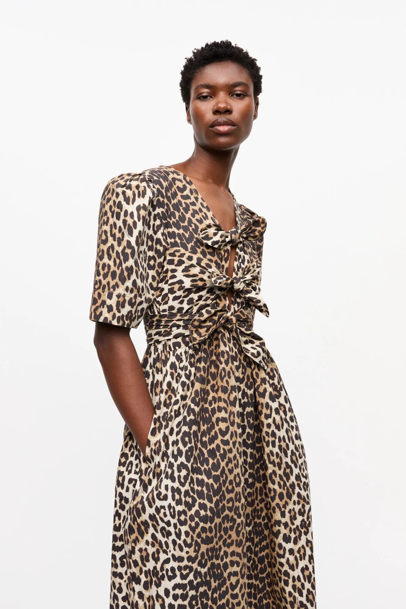 Printed Cotton Tie Strap Midi Dress | Leopard