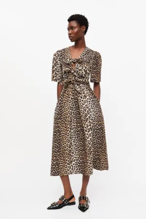 Printed Cotton Tie Strap Midi Dress | Leopard