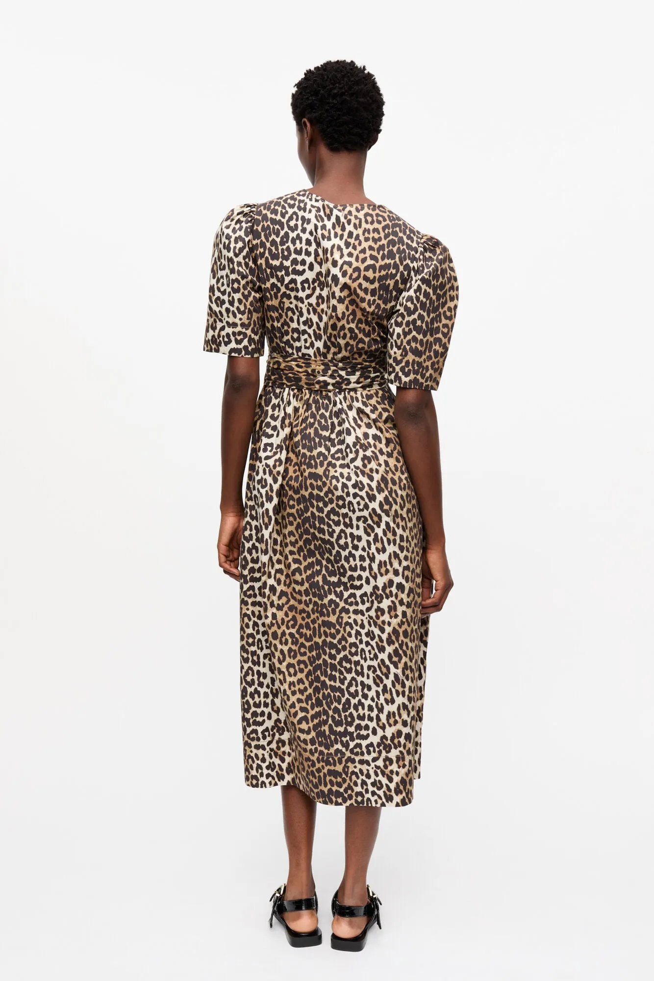 Printed Cotton Tie Strap Midi Dress | Leopard