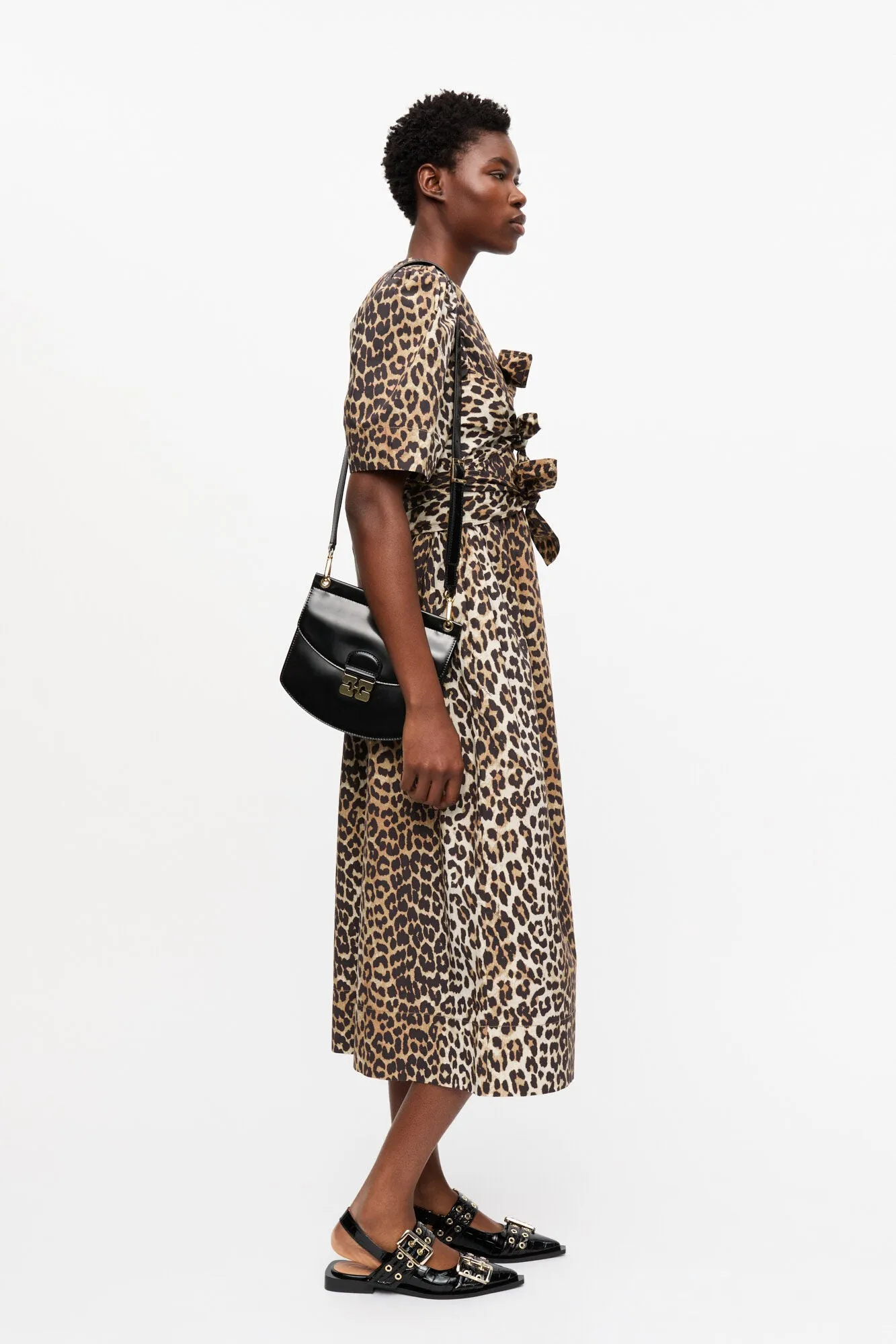 Printed Cotton Tie Strap Midi Dress | Leopard