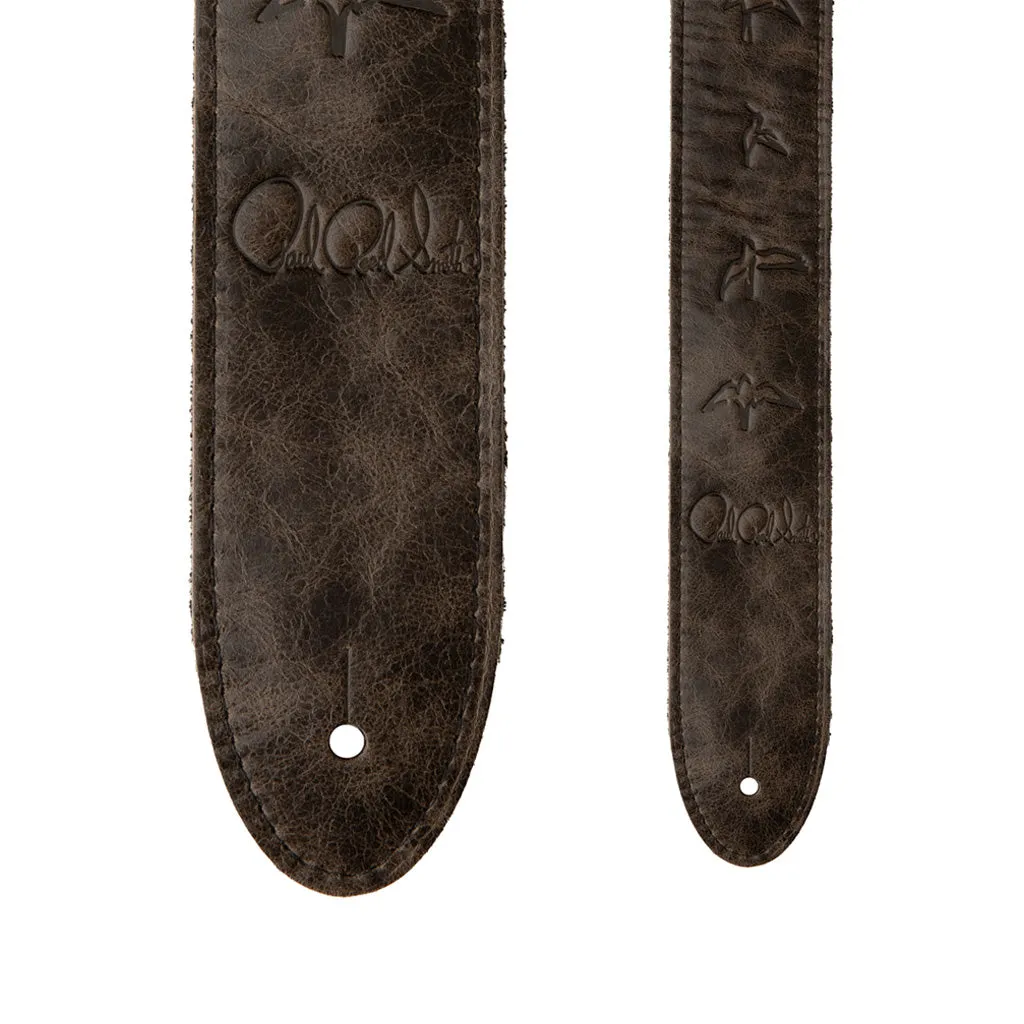 PRS 2 Inch Embossed Birds Leather Guitar Strap, Worn Black