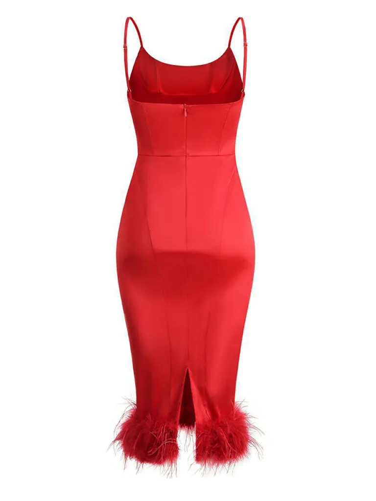 Purple Spaghetti Strap Satin Feather Hem Bodycon Dress Sexy Gown Party Dress