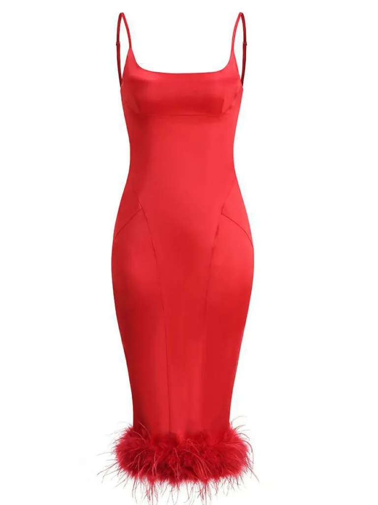 Purple Spaghetti Strap Satin Feather Hem Bodycon Dress Sexy Gown Party Dress