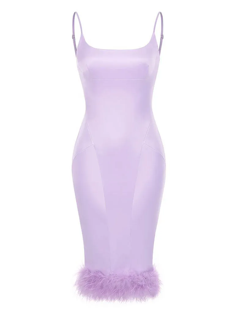 Purple Spaghetti Strap Satin Feather Hem Bodycon Dress Sexy Gown Party Dress