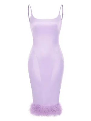 Purple Spaghetti Strap Satin Feather Hem Bodycon Dress Sexy Gown Party Dress