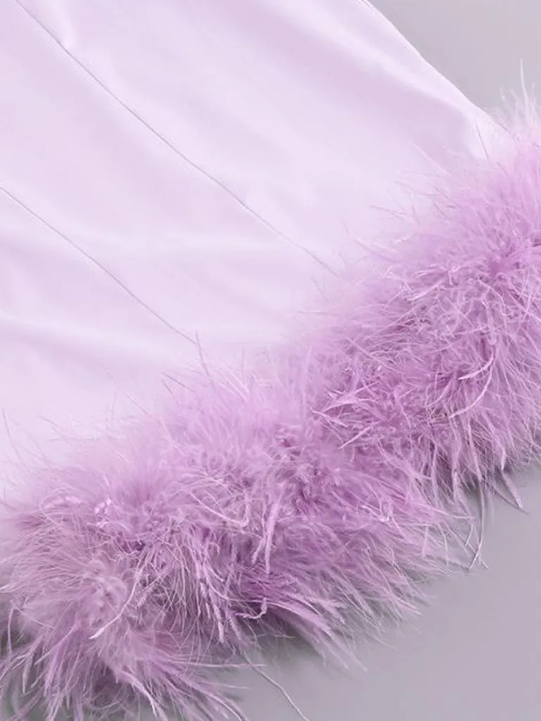 Purple Spaghetti Strap Satin Feather Hem Bodycon Dress Sexy Gown Party Dress