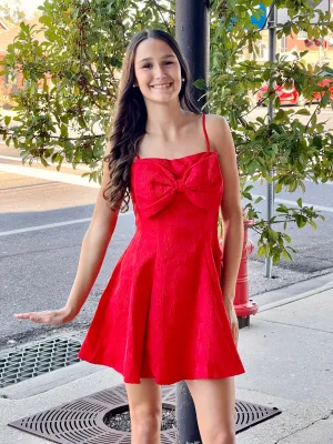 Red Front Bow Flare Cami Dress