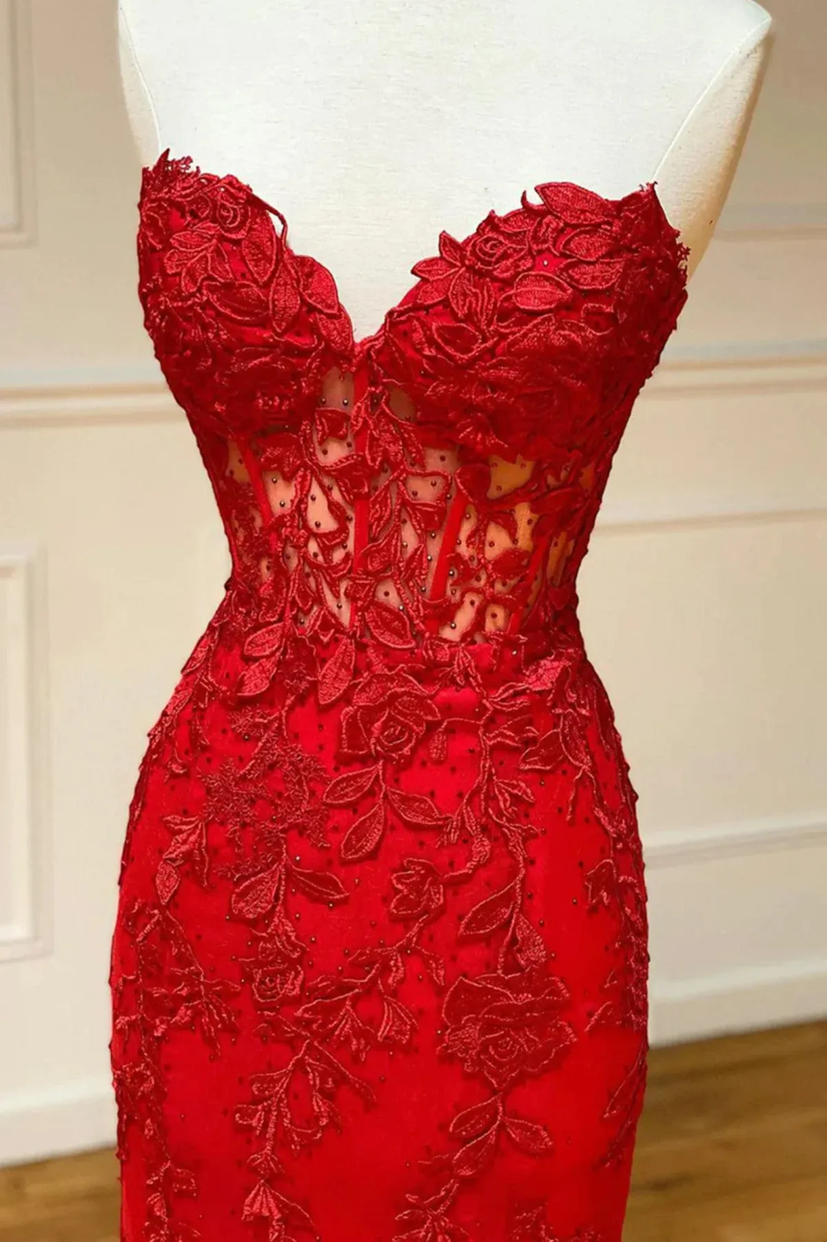 Red Strapless Sweetheart Mermaid Long Party Dress, Red Tulle with Lace Prom Dress