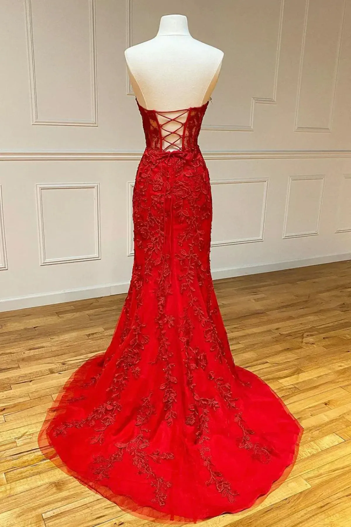 Red Strapless Sweetheart Mermaid Long Party Dress, Red Tulle with Lace Prom Dress